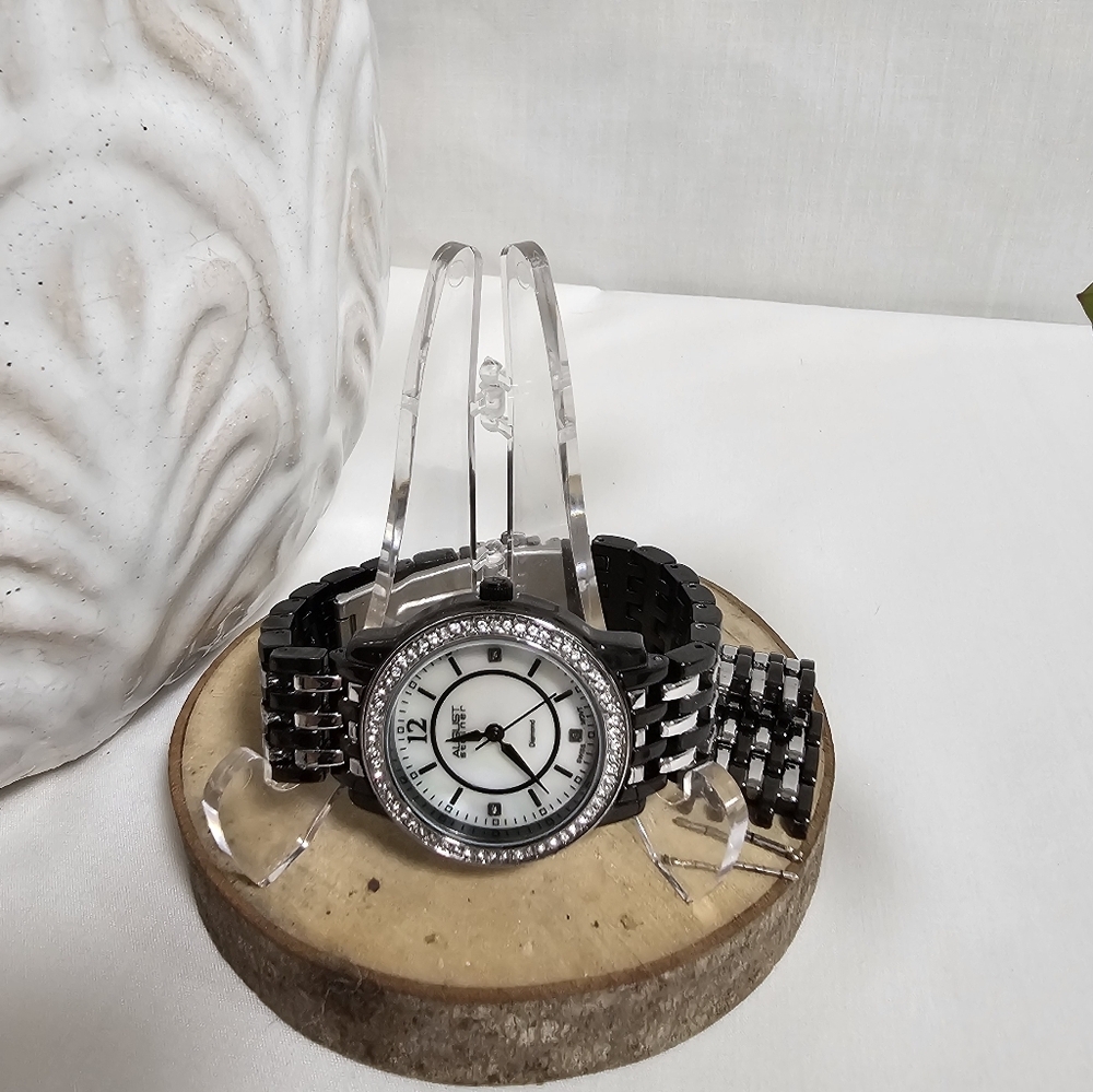 August Steiner Diamond Accent Watch | Mother of Pearl Dial | Black Ceramic Band